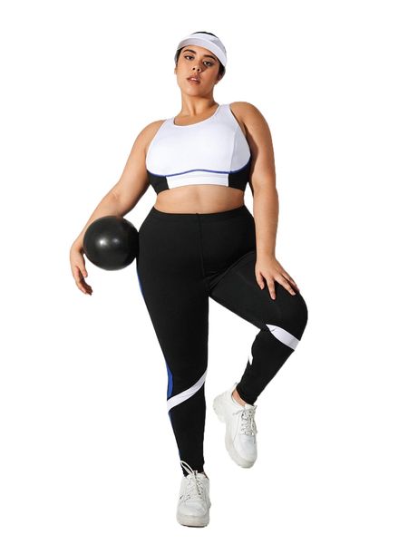 

plus colorblock crisscross back sports set 78cp#, Black
