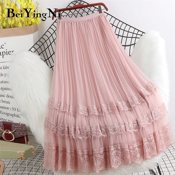 

beiyingni fashion high waist tulle midi skirts woman lining mesh lace patchwork kawaii harajuku dance bridesmaids skirt women 220418, Black