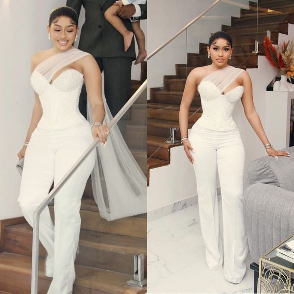 Schicke Abendkleider für Frauen 2022 Jumpsuit Robe Soiree Femme Prom Kleider Spitze Perlen Partykleid mit Wrap Formale Gelegenheitsrobe