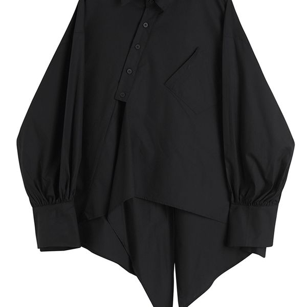 [EAM] Женщины черный нерегулярный большой размер блузки отворота с длинным рукавом свободная подходит рубашка мода весна лето 1de0299 220407