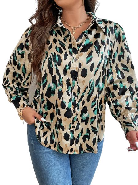 

plus allover print button front satin shirt f0hs#, Black