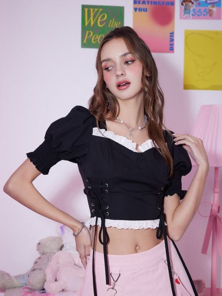 

romwe lace up puff sleeve eyelet embroidery blouse l1jq#, White