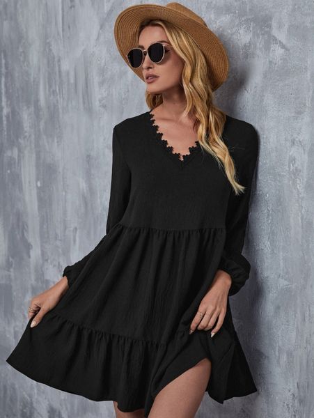 

guipure lace trim lantern sleeve smock dress n2gr#, Black;gray