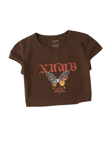 

letter & butterfly print crop tee 90rt#, White