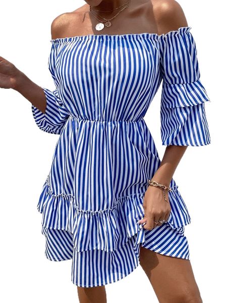 

vertical striped off shoulder flounce sleeve layered hem dress y7mb#, Black;gray