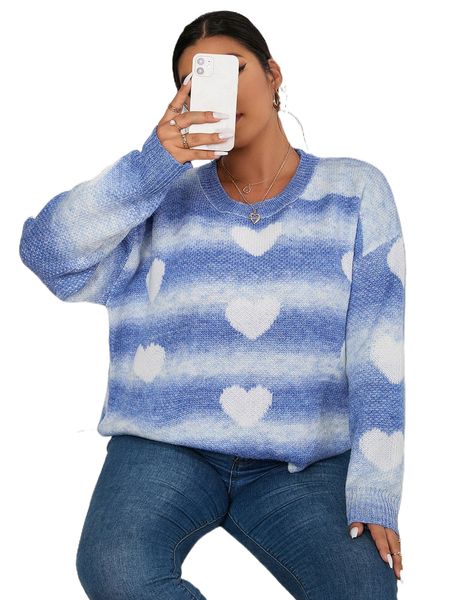

plus heart pattern ombre drop shoulder sweater f2nk#, Black