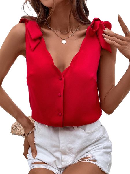 

solid tie shoulder tank v89l#, White