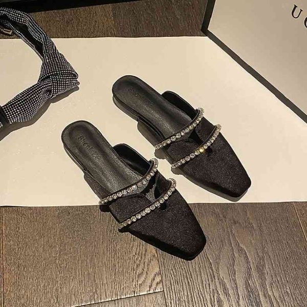 

ladies summer fashion sandals high-end material inlaid with diamond slippers trend flat sandal squar 1r8j, Black