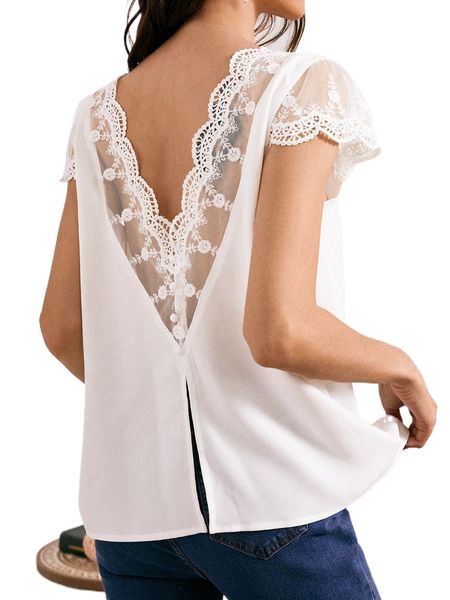 

contrast embroidered mesh slit back blouse k9p8#, White