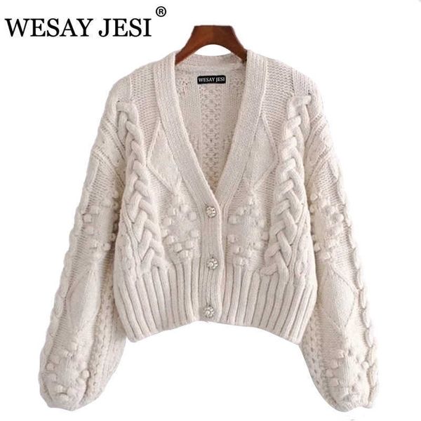 

wesay jesi women's spring knitted cardigan women sweater thick loose lantern sleeve pearl button short sweet and lazy style 210714, White;black