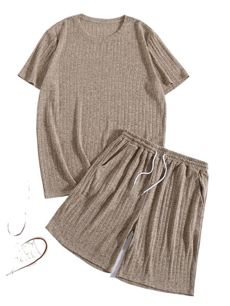 

men ribbed knit tee & drawstring waist shorts i72g#, Gray