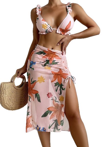 

floral frill trim bikini swimsuit with beach skirt s1oz#, White;black