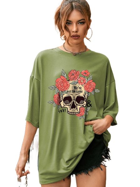 

floral and skull print drop shoulder tee 663w#, White