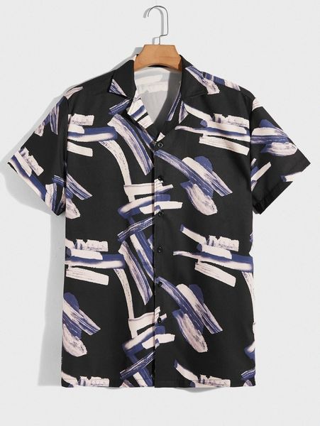 

romwe guys brush print button front shirt a0ss#, White;black