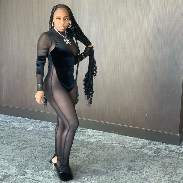 

2022 spring see through mesh patchwork black skinny elastic women jumpsuit new street clubwear romper casual sport, Black;white