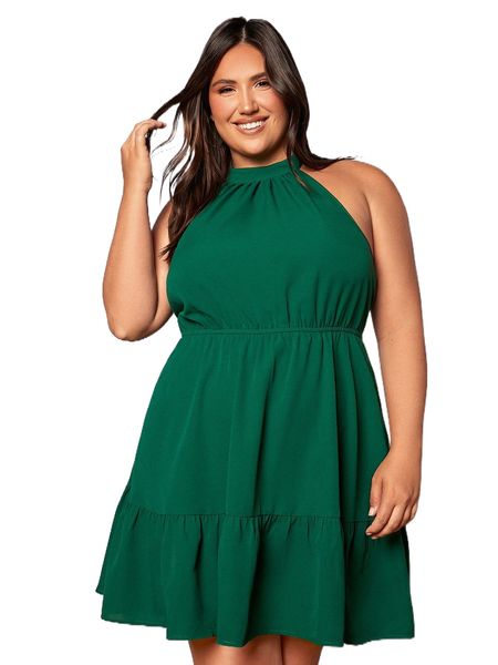 

plus open back ruffle hem halter dress o3br#, Black