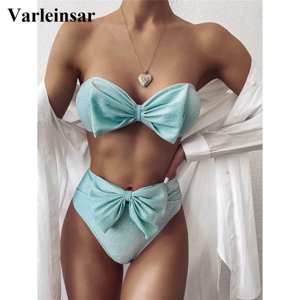 

bow bandeau glitter high waist bikini female swimsuit women swimwear two-piece bikini set bather bathing suit swim v2172m, White;black