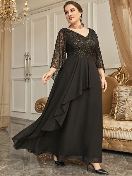 

plus contrast lace trumpet sleeve overlay dress m43g#, Black