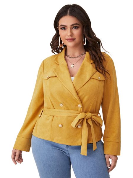 

plus double breasted belted jacket q394#, Black