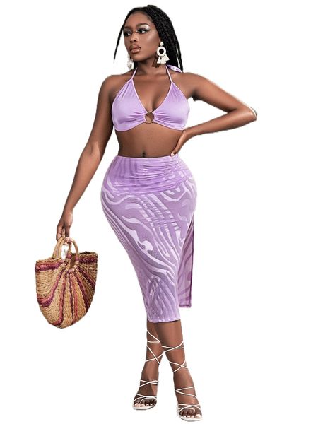 

o-ring tie backless crop halter & split thigh bodycon skirt a3mx#, White