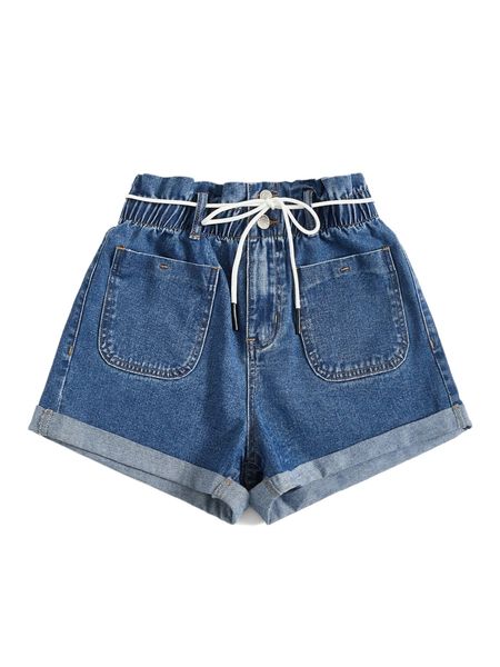 

drawstring roll up hem wide leg denim shorts i2ad#, White;black