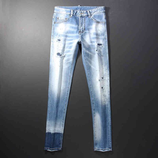 

men's jeans men's personalized color contrast fashion brand light blue washed slim pants high-end embroidery 7ipf