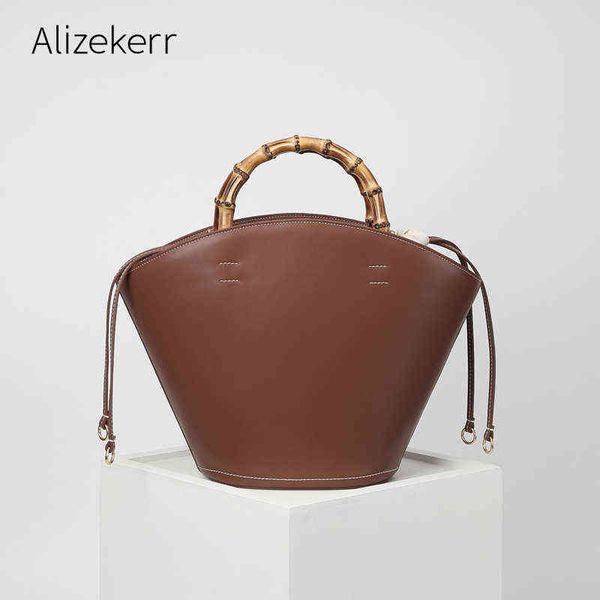 

evening bag bamboo handle cowhide leather bucket handbag women 2022 autumn designer retro genuine carrying bag large capacity fashion 220622