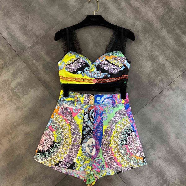 

premium summer yellow lace strap print floral strapless tank elastic shorts two piece set women outfits ga316, White