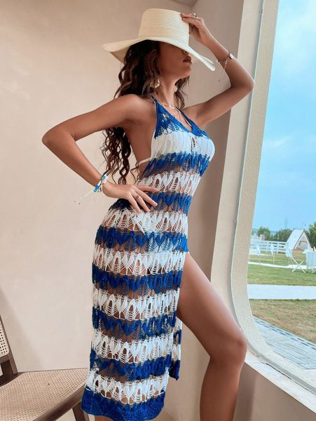 

striped split thigh cover up a5cg#, White;black