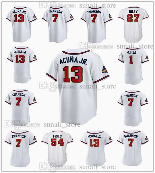 

white 2022 gold baseball jerseys ronald acuÃ±a jr. 13 ozzie albies 1 dansby swanson 7 austin riley 27 max fried 54 matt olson 28 will smith, Black