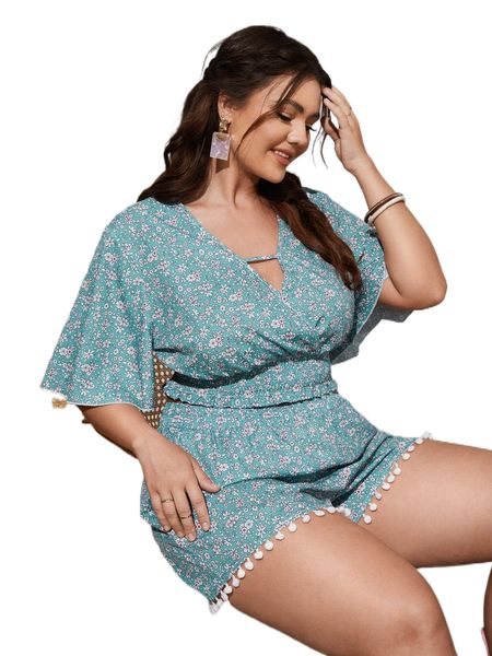 

plus ditsy floral deep v neck shirred trim blouse & shorts y5u4#, Black