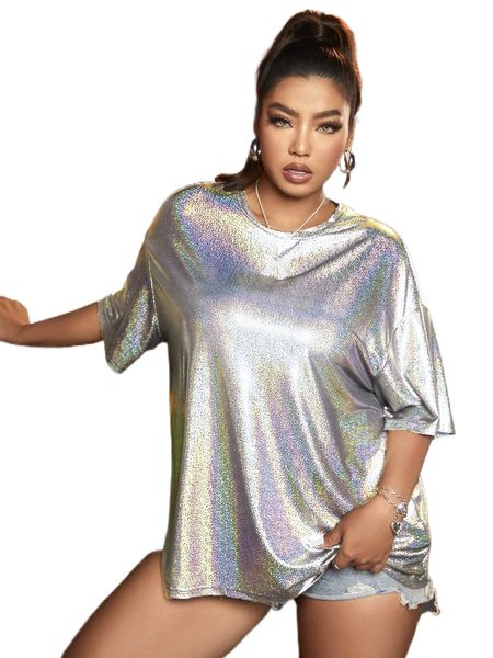 

plus holographic drop shoulder metallic tee 78ix#, Black