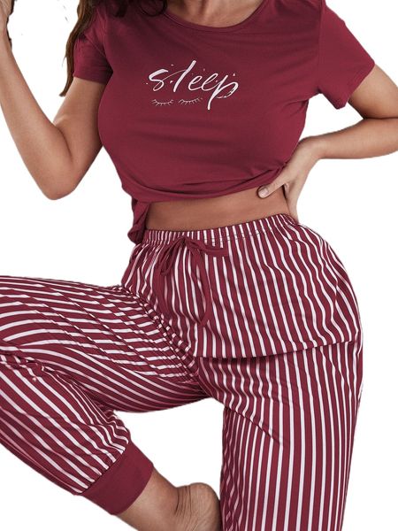 

eyelash & letter graphic tee & striped pants pj set h3wa#, Black;red