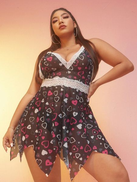 

plus heart print contrast lace slips n2ig#, Black;white