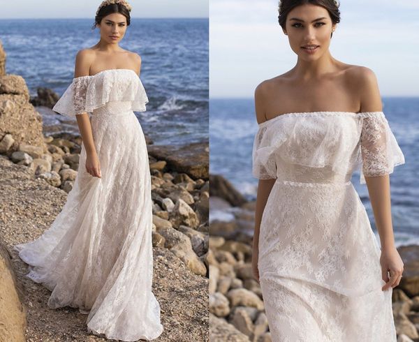 

boho off the shoulder wedding dress 2022 ruffles lace appliques beach bride gown robe de mariage bohemian vestido de novia, White