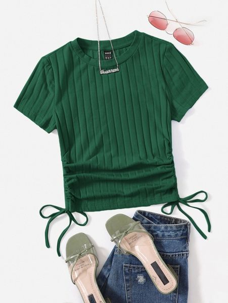

drawstring ruched side rib-knit tee g0qg#, White