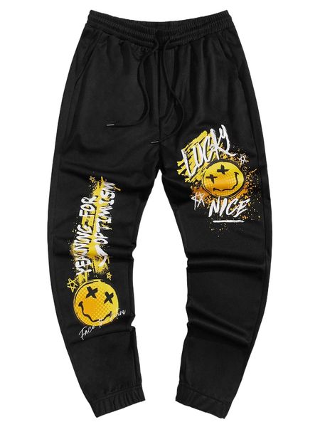 

men slogan & cartoon graphic drawstring waist sweatpants 49c9#, Black