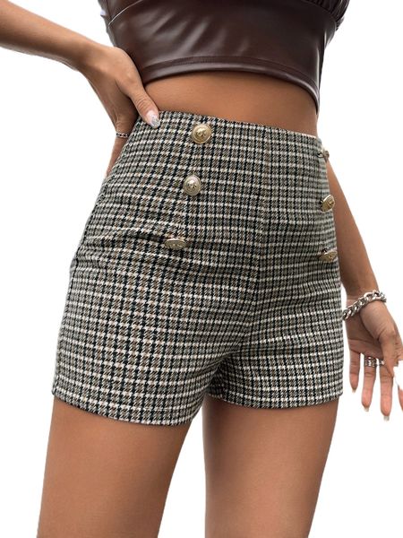 

petite high waist plaid fake button tweed shorts u35t#, White;black