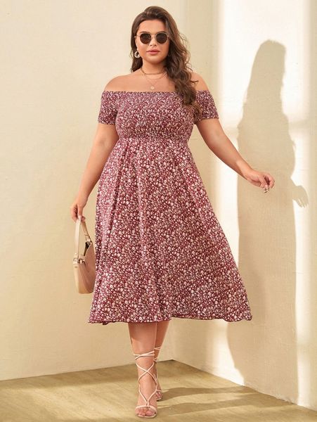 

plus ditsy floral off shoulder shirred dress m7r5#, Black
