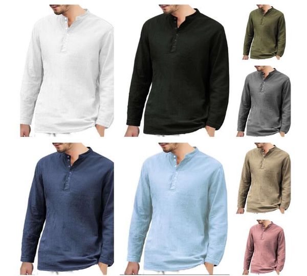 

men's long-sleeved shirts summer solid color cotton linen stand-up collar casual beach style, White;black