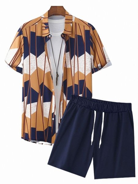 

men random geo print shirt & drawstring waist shorts without tee i4ra#, Gray