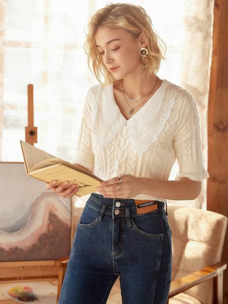 

knit mix statement collar cable knit n5nd#, White;black