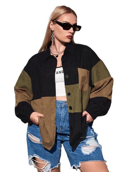 

plus colorblock drop shoulder corduroy coat u17w#, Black