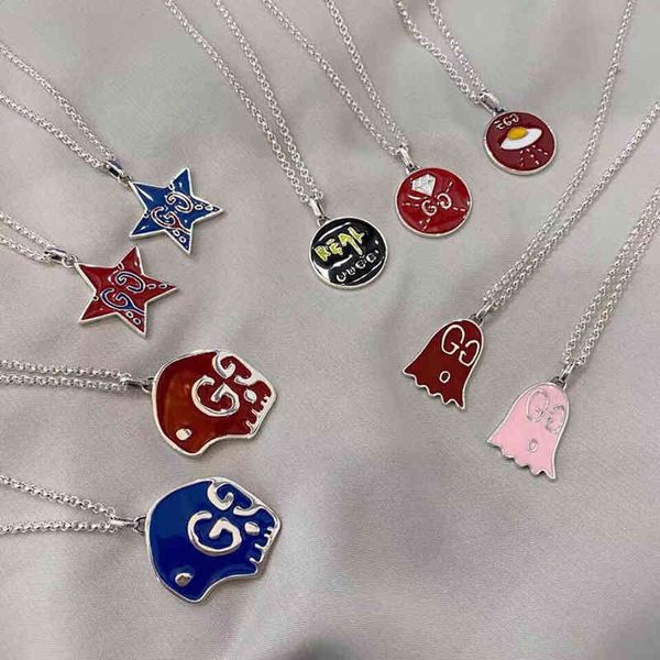 

2023 designer new fashion jewelry gujia version sterling silver 925 enamel color necklace five pointed star skeleton powder fairy red couple