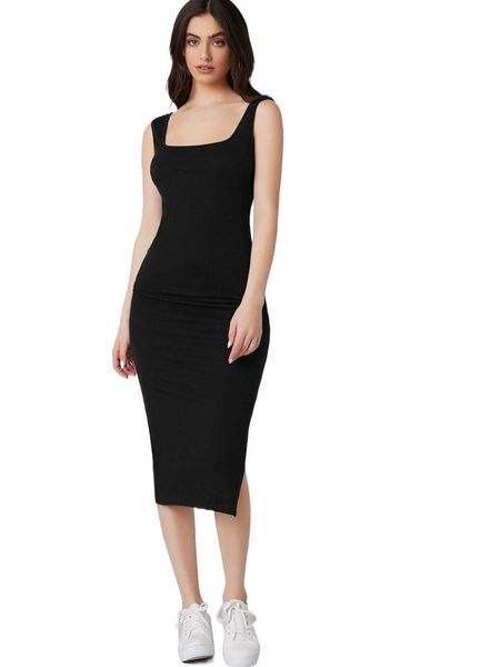 

square neck split side dress 34vg#, Black;gray
