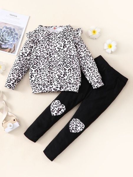 

toddler girls leopard ruffle sweatshirt & knee patched leggings she, White
