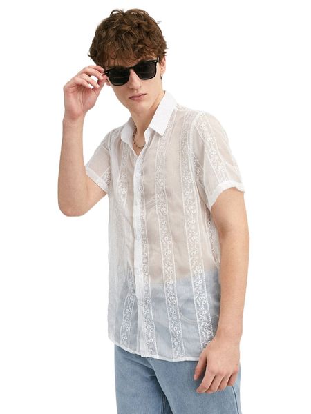

men button front embroidery mesh shirt h8wx#, White;black