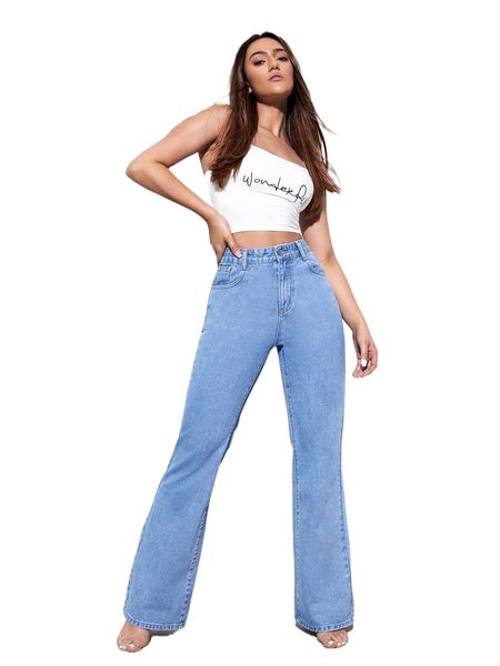 

high waist flare leg jeans j2f4#, Blue