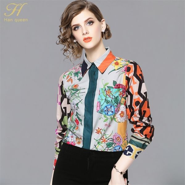 

h han queen women vintage floral print ladies chiffon long sleeve casual blouse female work wear office shirts 220810, White
