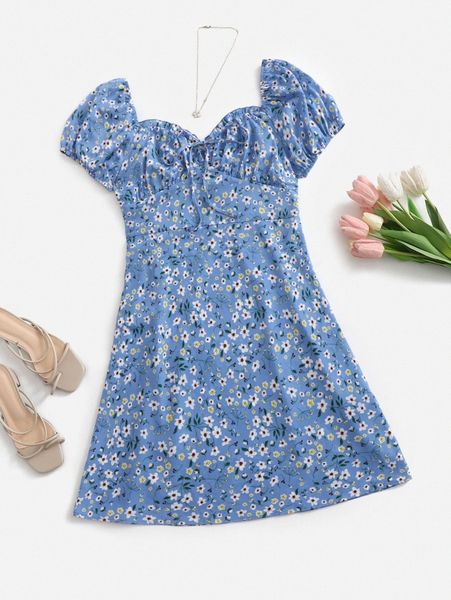 

plus puff sleeve ruched bust ditsy floral milkmaid dress 2714#, Black